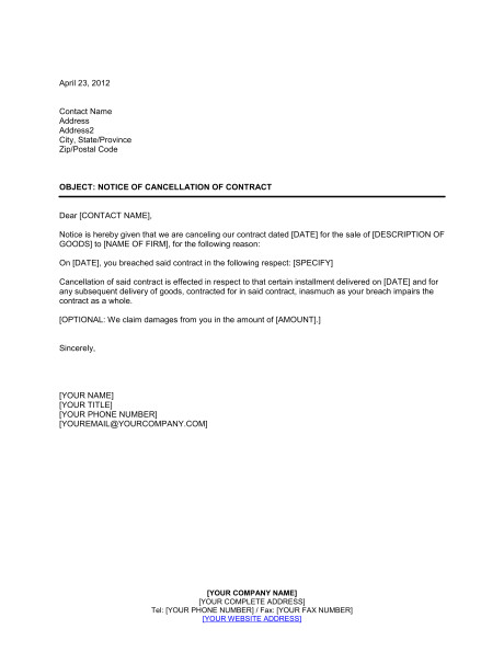 Notice Of Cancellation Of Contract Template Notice Of Cancellation Of Contract Template Word Pdf