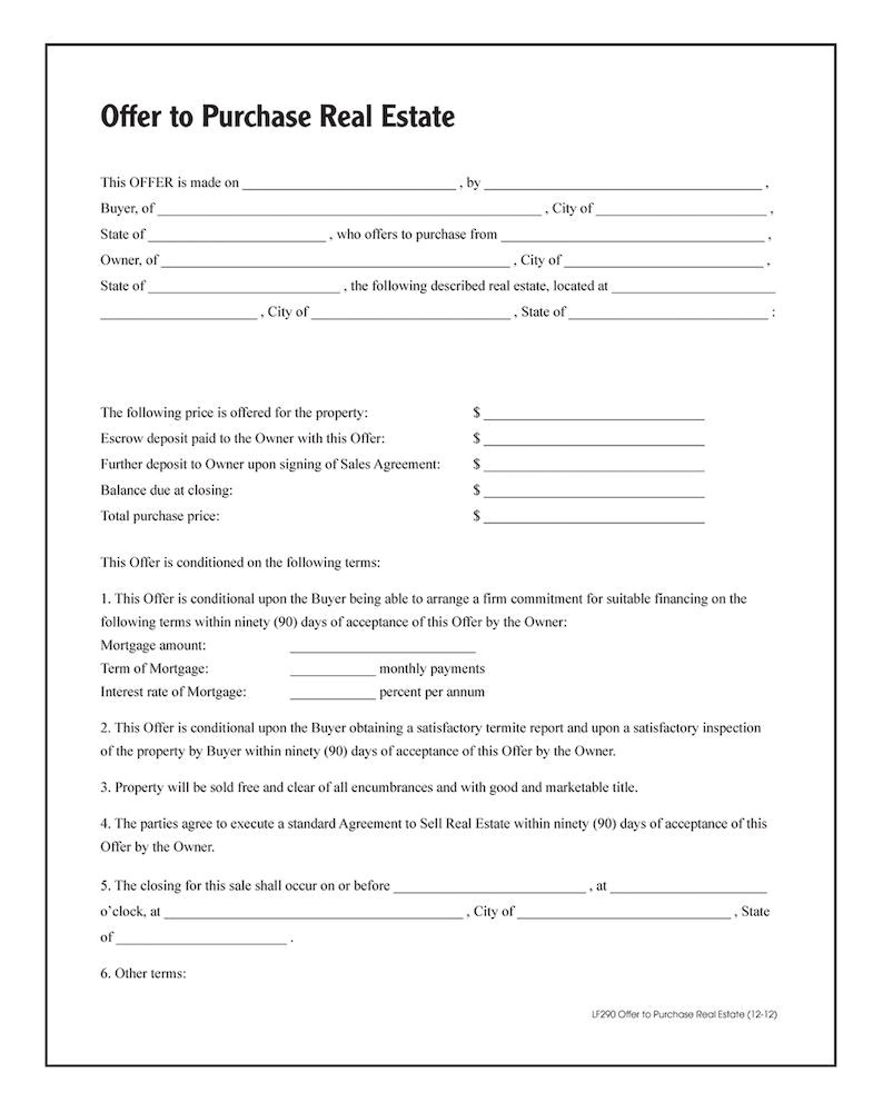 offer to purchase real estate forms and instructions