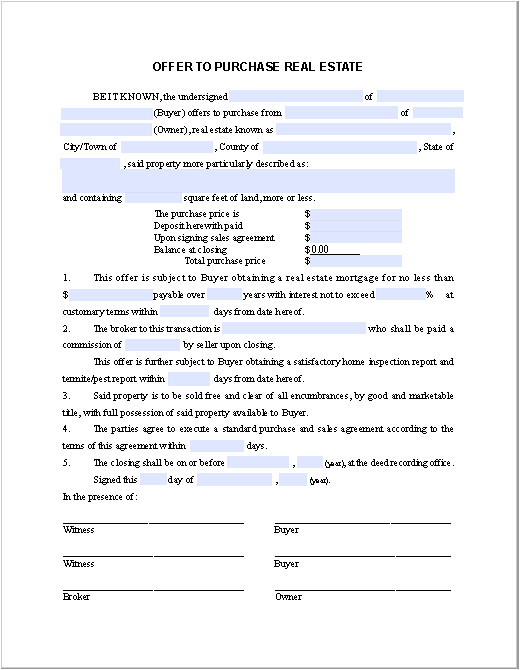 real estate purchase offer form 540