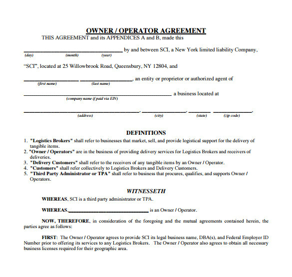 Owner Operator Contract Template Owner Operator Lease Agreement Templates 6 Samples
