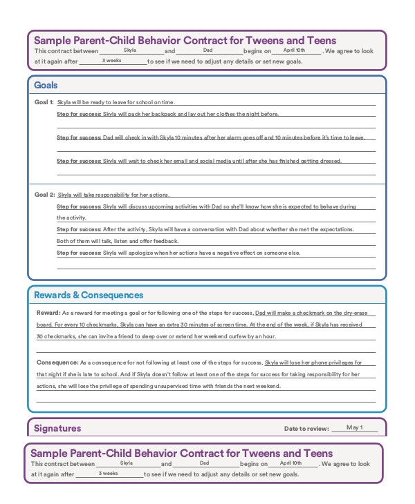 Parent Child Behavior Contract Template Sample Behavior Contract 11 Examples In Pdf Word