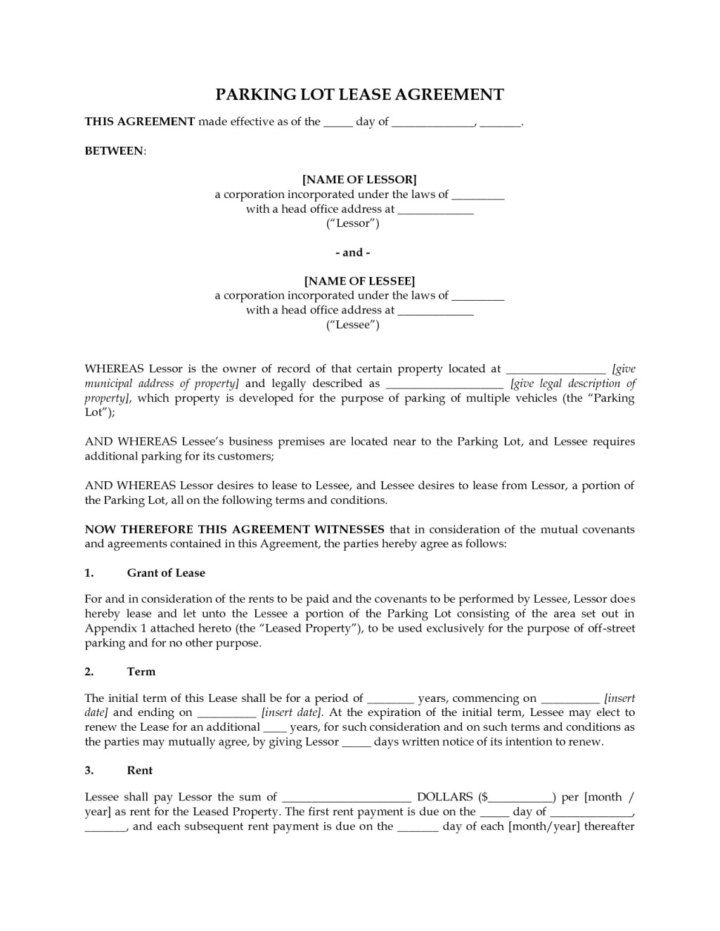 perfect lease agreement template sample for parking lot with effective date and between two parties