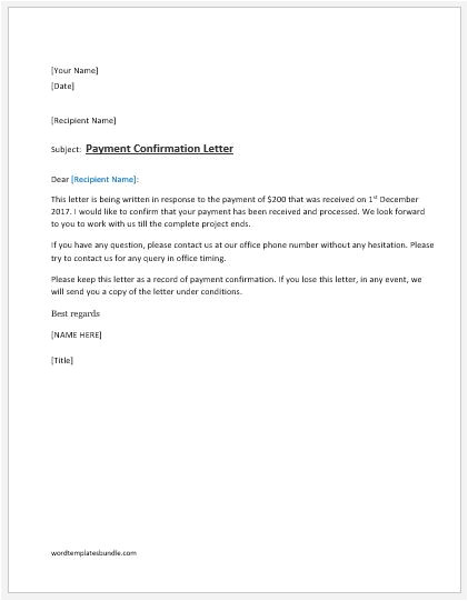 payment confirmation letter