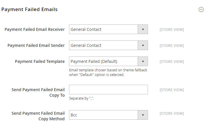 how to configure payment failed email magento 2