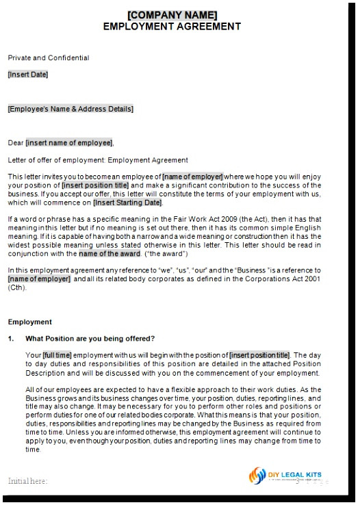 permanent contract of employment template
