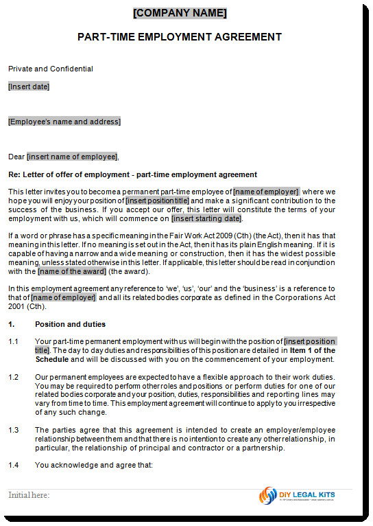 Permanent Contract Of Employment Template Permanent Part Time Empoyment Contract