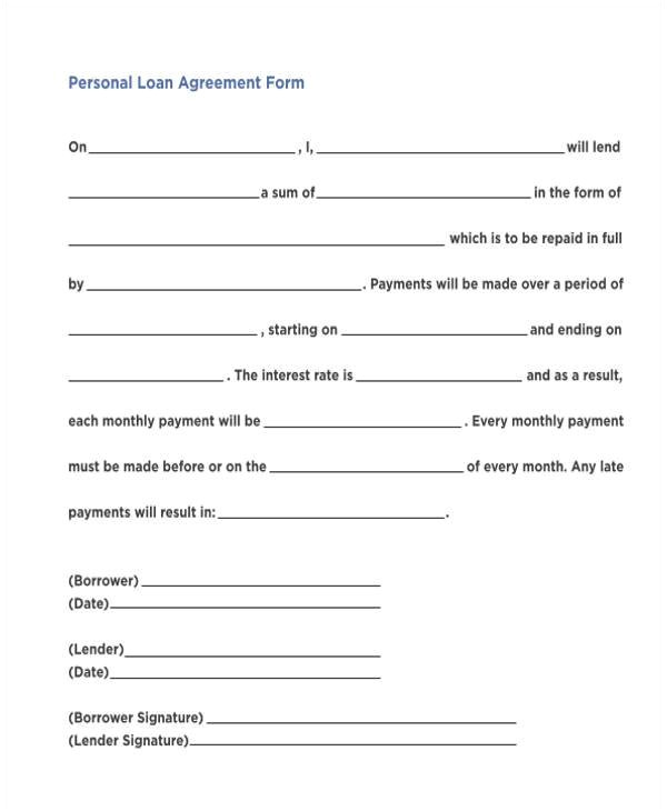 sample personal loan agreement form