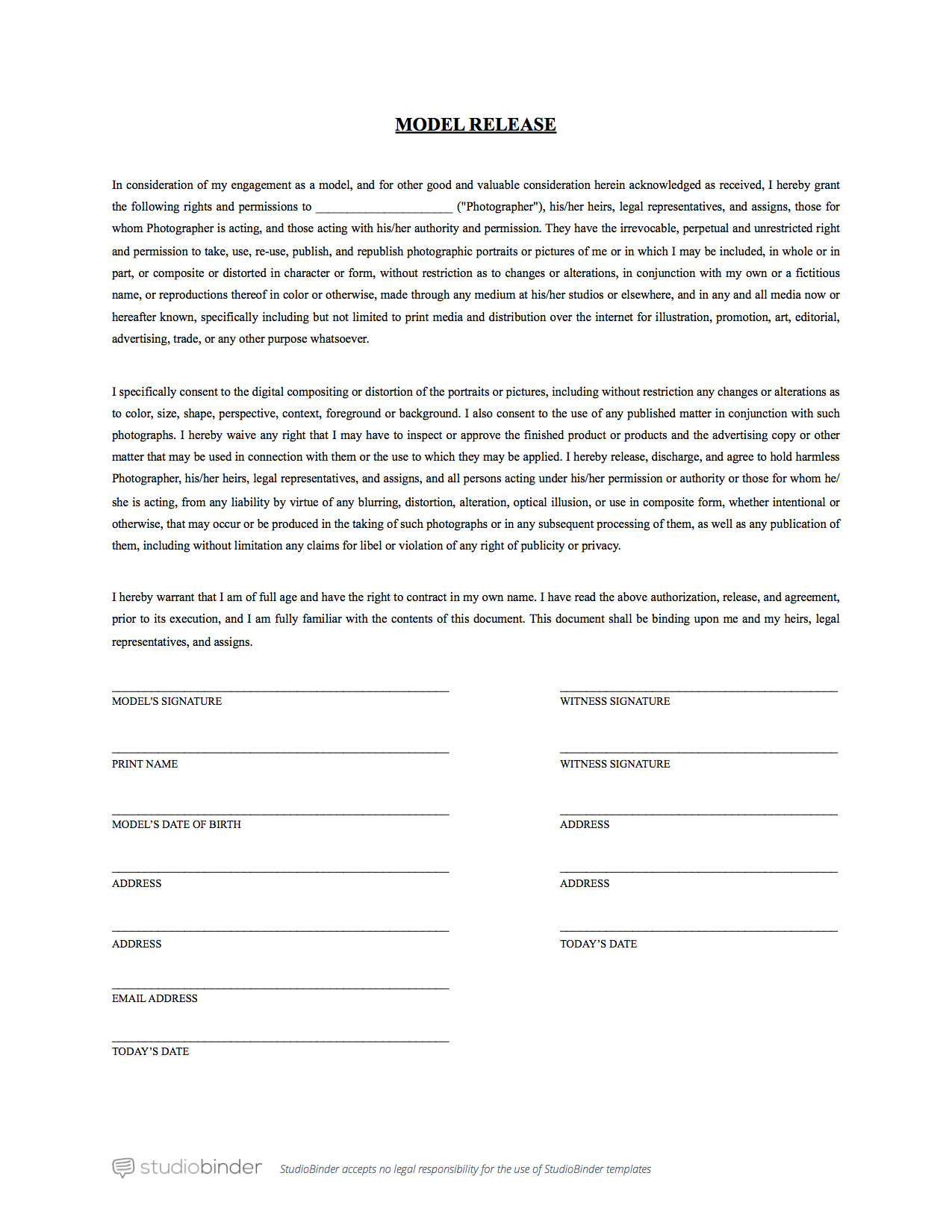 Photo Release Contract Template the Best Free Model Release form Template for Photography