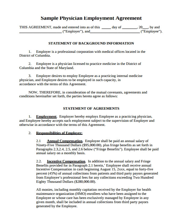 Physician Employment Contract Template Sample Physician Employment Agreement 7 Documents In