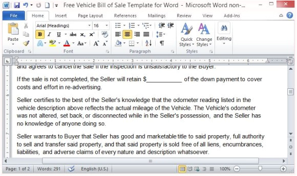 free vehicle bill of sale template for word