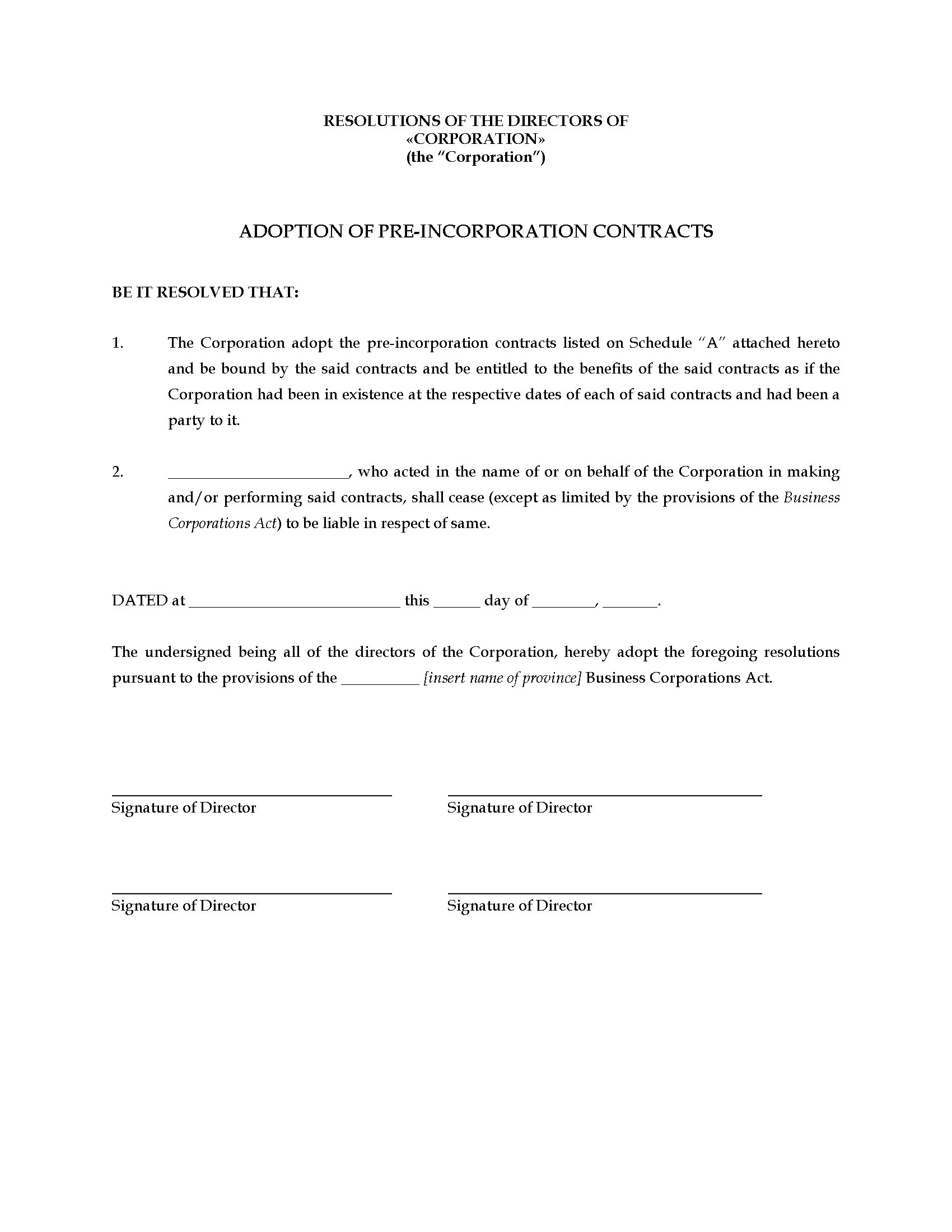 canada directors resolution to adopt pre incorporation contracts