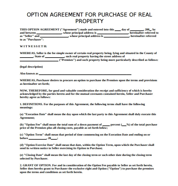 Property Option Contract Template Sample Real Estate Purchase Agreement Template 7 Free