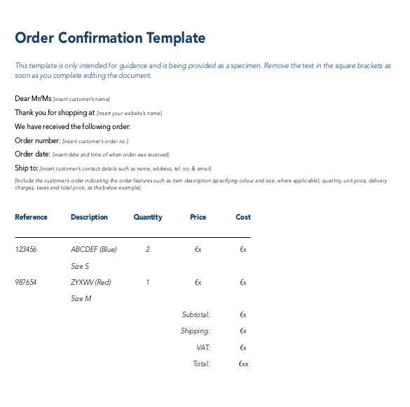 sample order confirmation