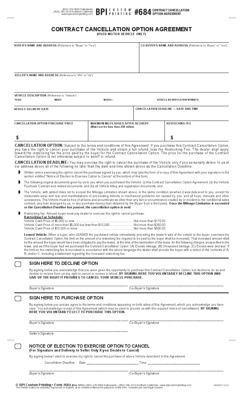 Purchase Contract Cancellation Agreement Template Contract Cancellation Option Agreement Bpi Dealer Supplies