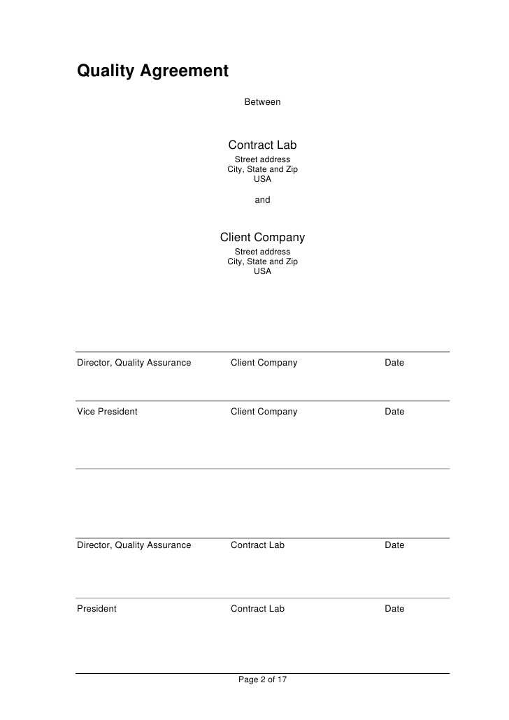 analytical quality agreement template