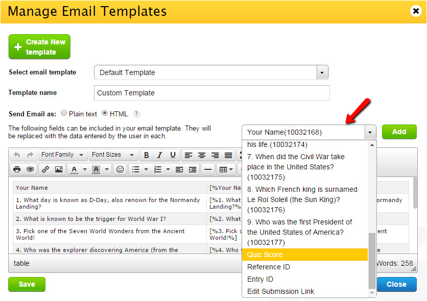 how to add quiz score to custom email templates
