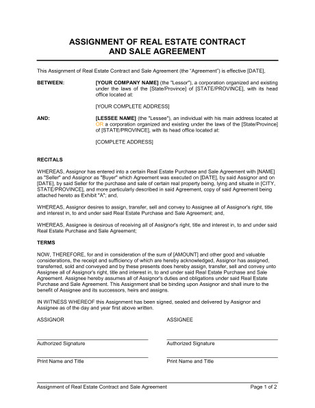 assignment of real estate contract and sale agreement d1157