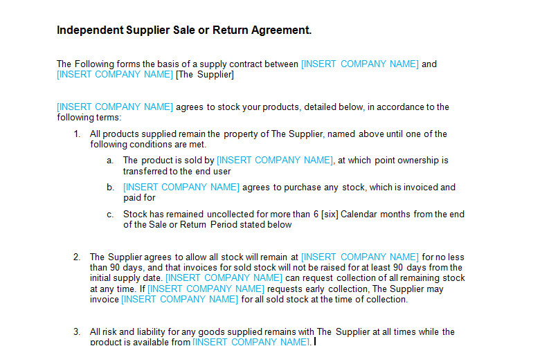 sale or return agreement template