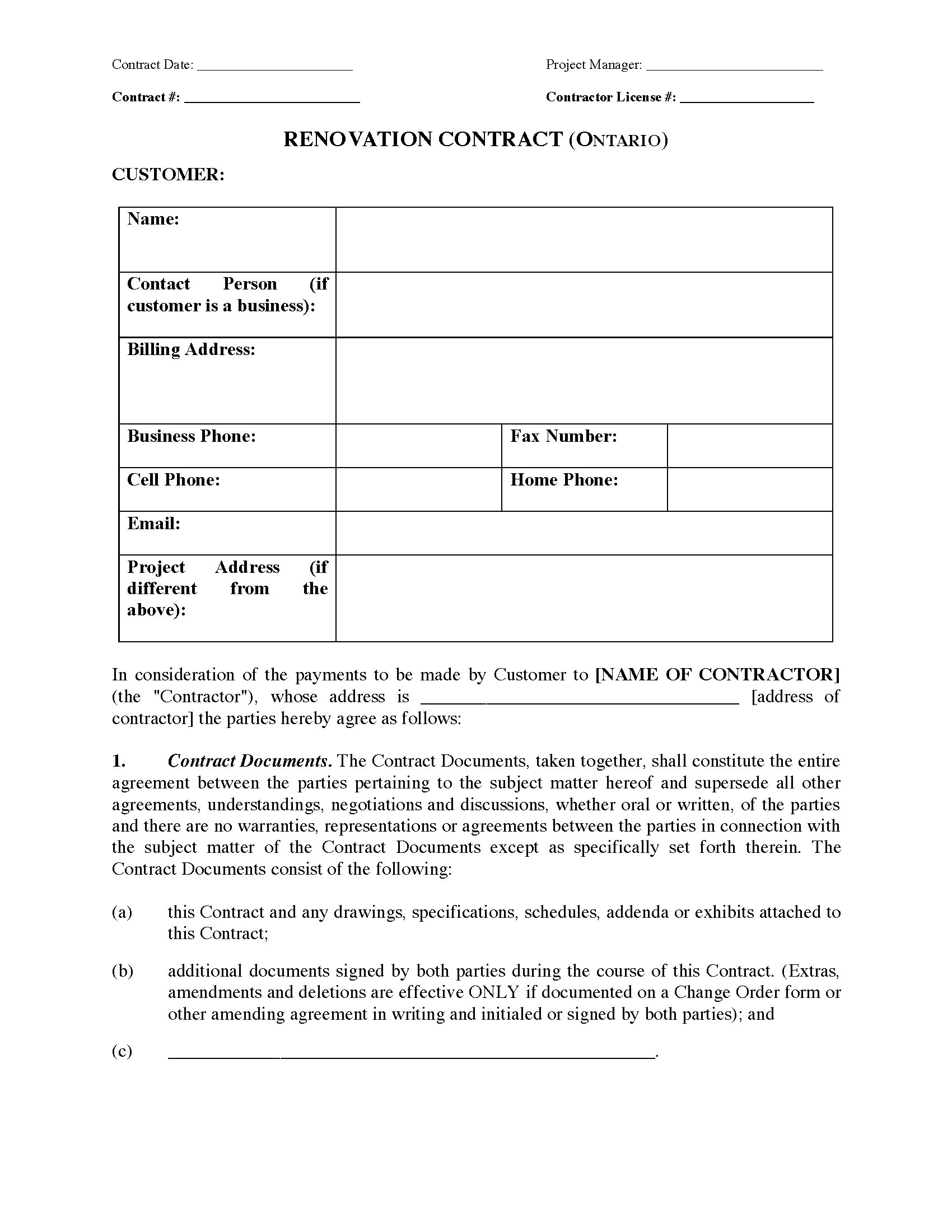 Renovation Contract Template Canada Ontario Renovation Contract Legal forms and Business