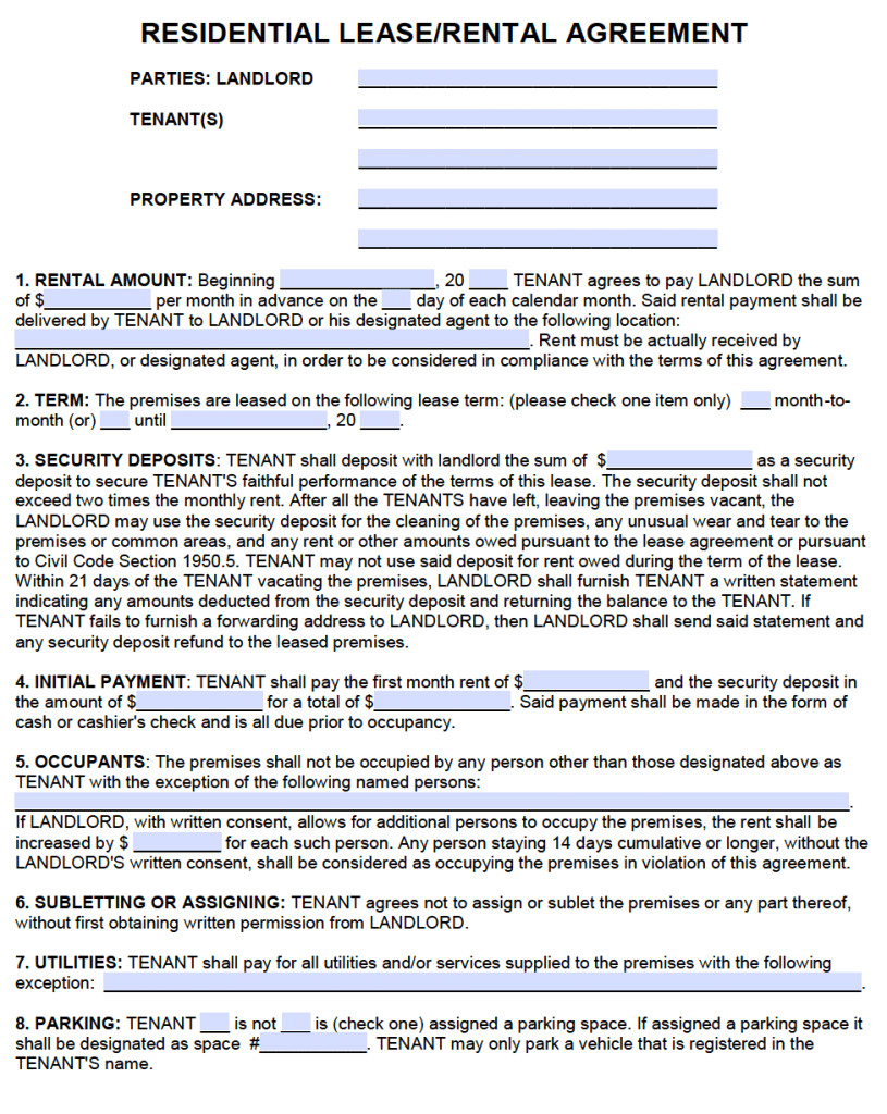 california standard residential lease agreement pdf word template