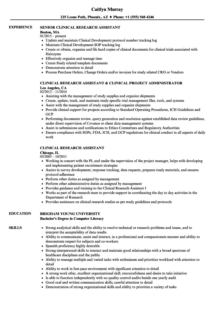 clinical research assistant resume sample