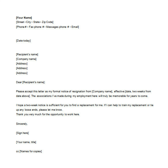 sample email resignation letter