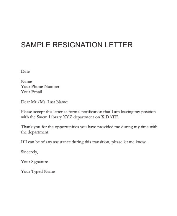 simple resignation letters