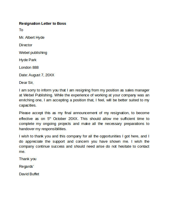 sample resignation letter example