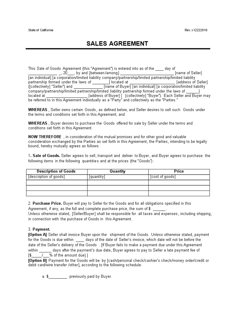 contract sale of goods example word format