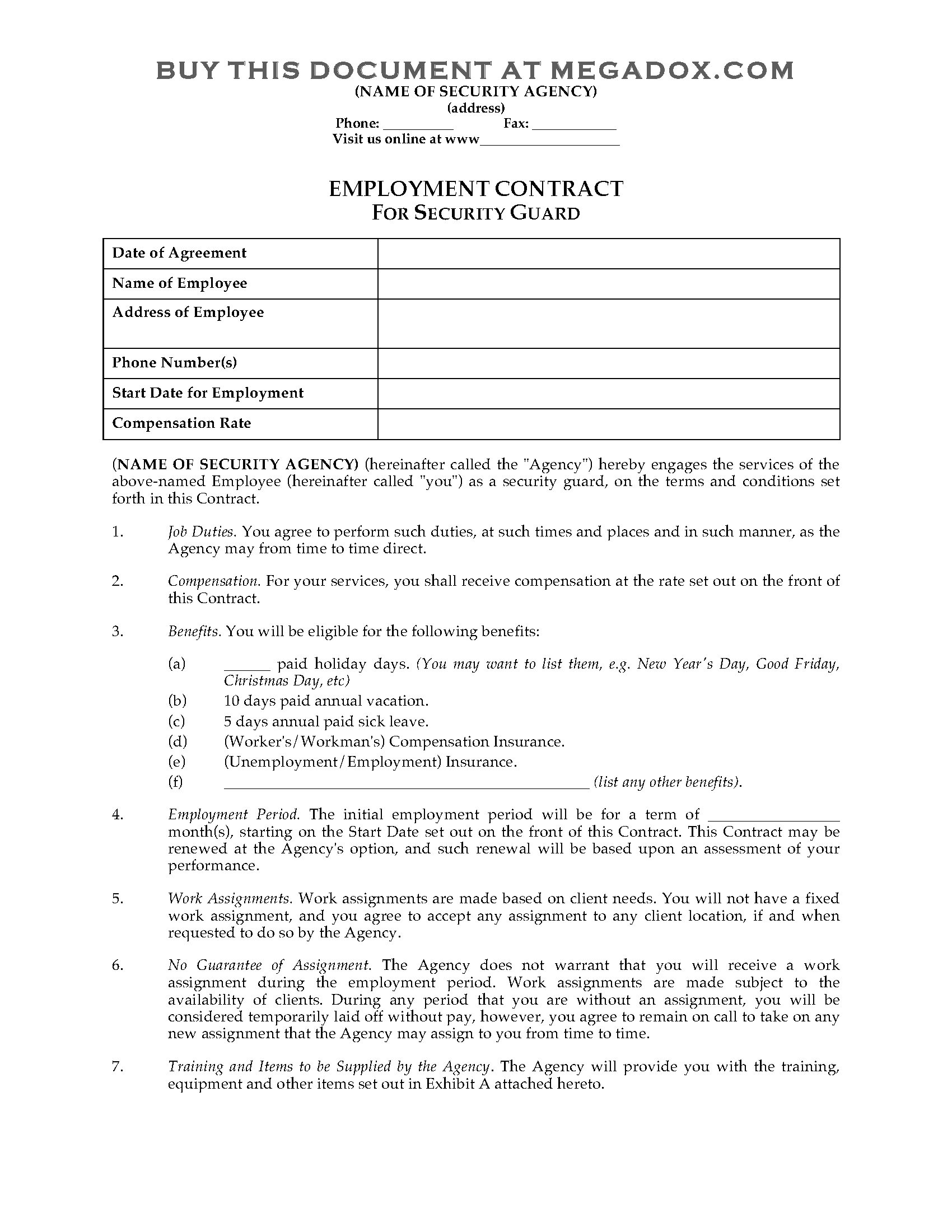 security guard employment agreement
