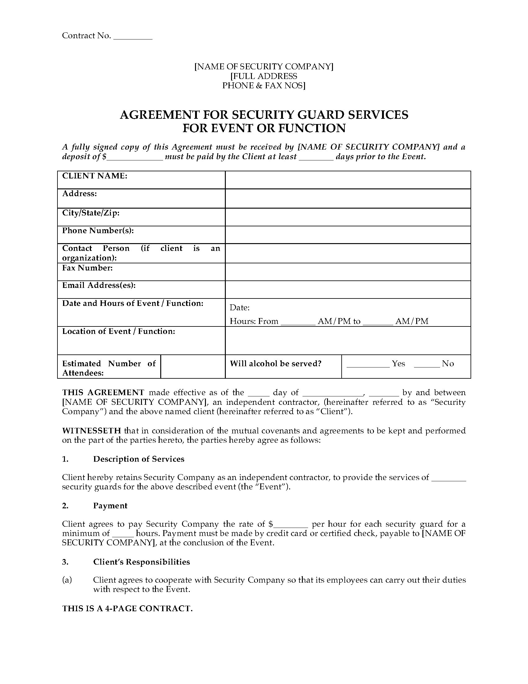 usa security guard agreement for event or function