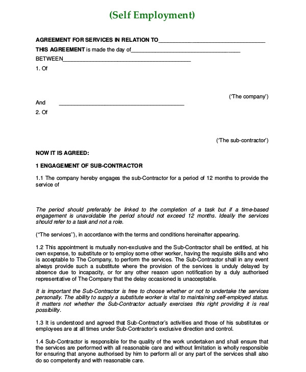 Self Employed Contract Template Uk 1 Self Employed Contract Template Uk Sample Self Employment Agreement 5 Documents In Pdf