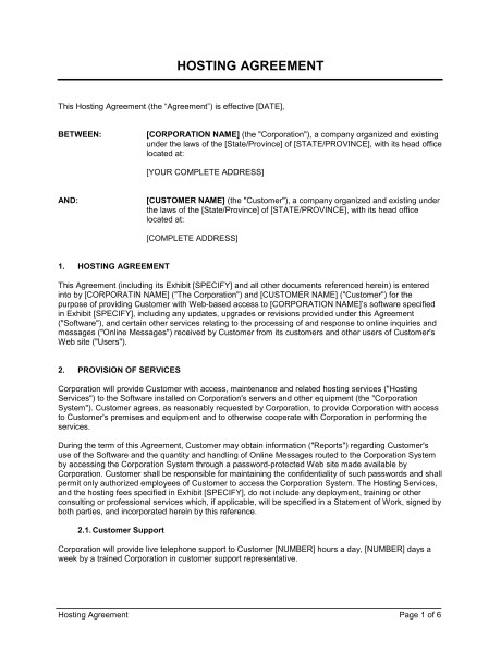 Server Hosting Contract Template Hosting Agreement Template Sample form Biztree Com