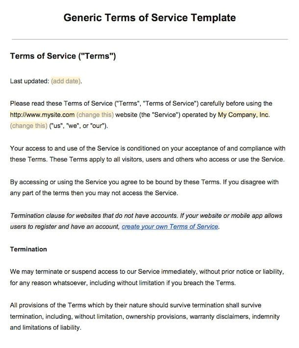 sample terms of service template