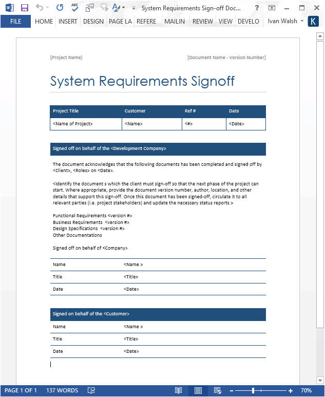 system requirements signoff template ms word