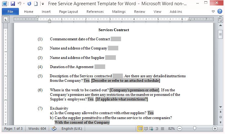 free service agreement template for word