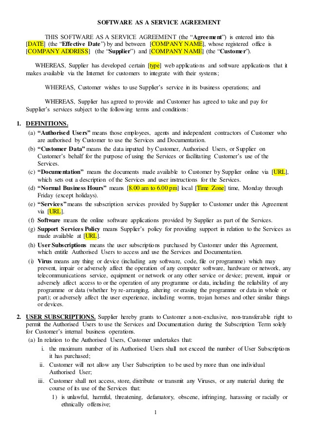 Software as A Service Contract Template Saas Agreement Sample