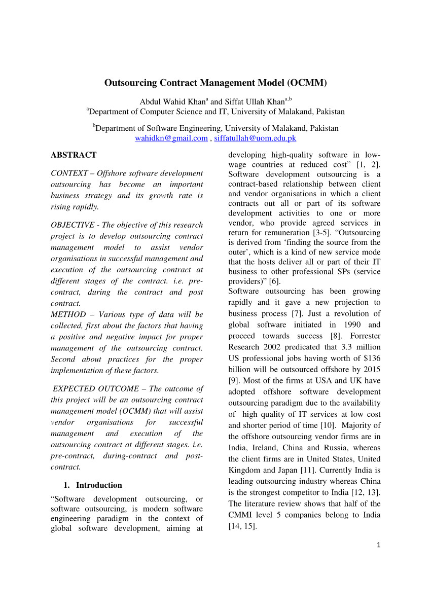 Software Development Outsourcing Contract Template Pdf Outsourcing Contract Management Model Ocmm