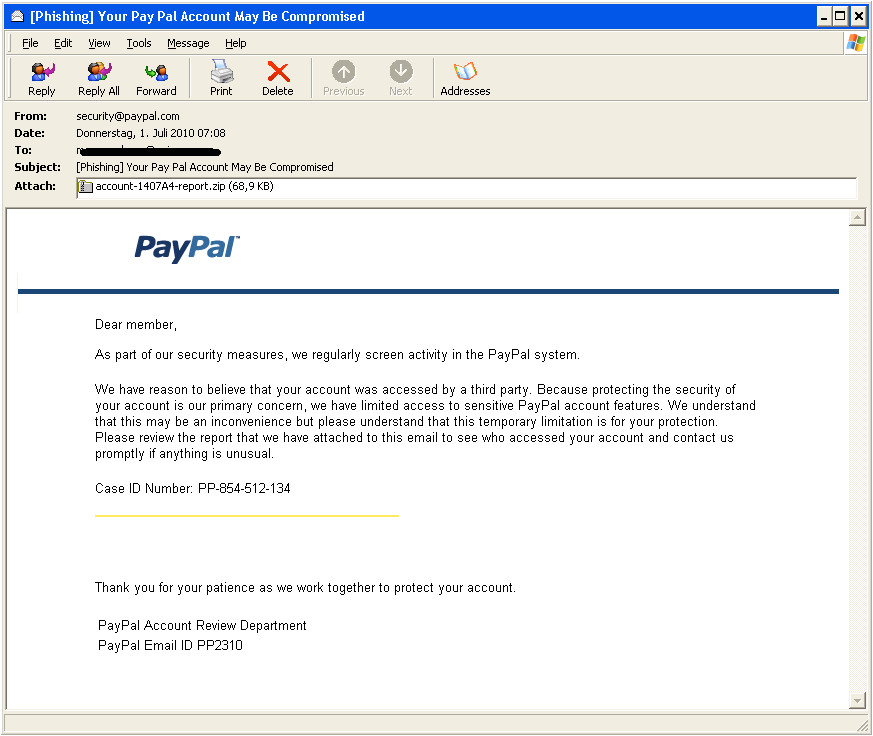 paypal security warning email with malware