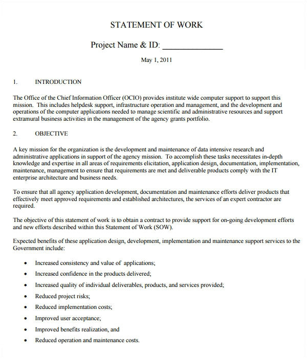 Statement Of Work Contract Template Sample Statement Of Work Template 13 Free Documents