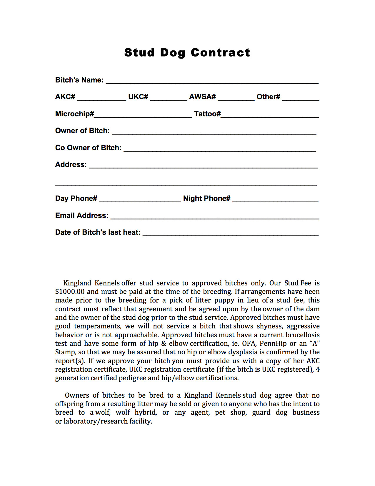 Stud Dog Contract Template Stud Contract Kingland Kennelskingland Kennels