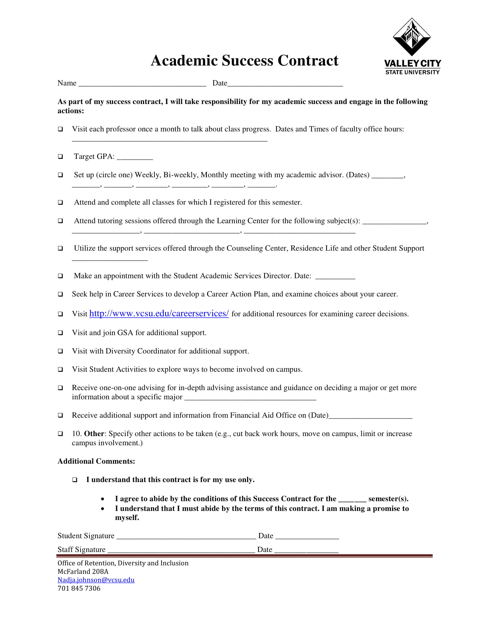 student academic contract template examples