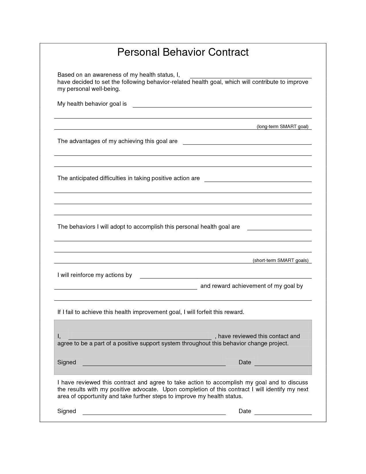 Substance Abuse Behavior Contract Template Personal Behavior Contract Personal Behavior Improve