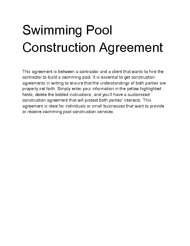 Swimming Pool Construction Contract Templates Welcome to Docs 4 Sale