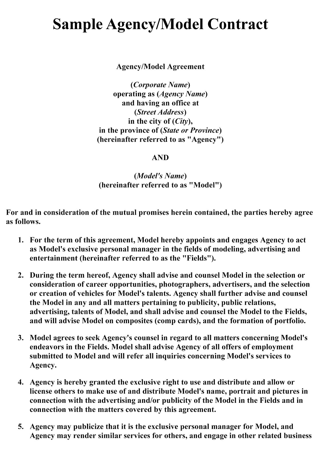 Talent Agency Contract Template Modeling 101 A Model 39 S Diary Wanna See What A Modeling
