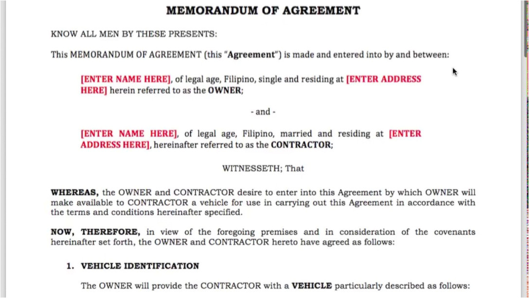 taxi driver contract agreement sample