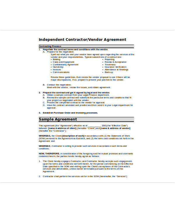 vendor agreement example and samples