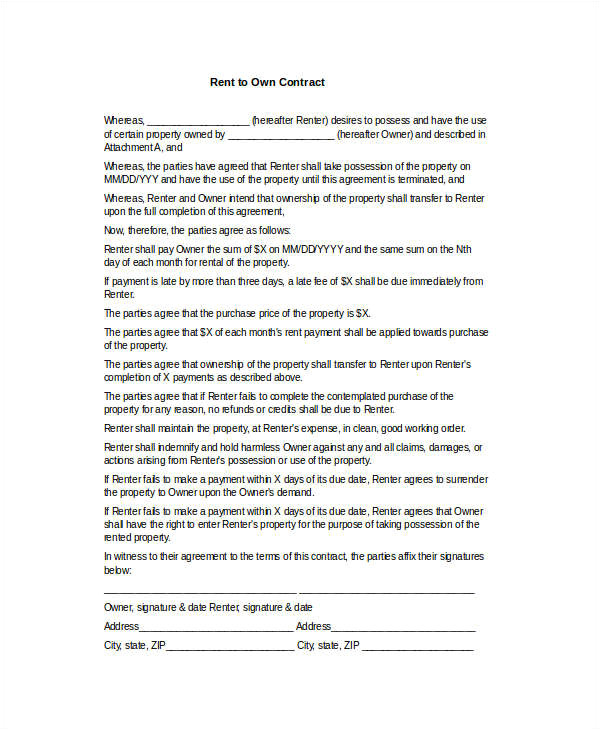 rent to own contract template