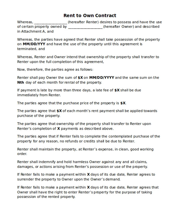 Template for Rent to Own Contract Rent to Own Home Contract 7 Examples In Word Pdf