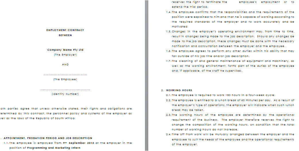 Temporary Employment Contract Template south Africa Employment Contract south Africa Template tom